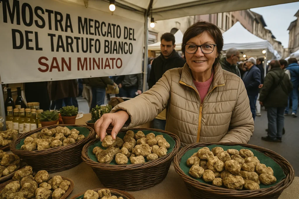 Live shot at the San Miniato white truffle fair, with smiling vendor and fine truffles on display.