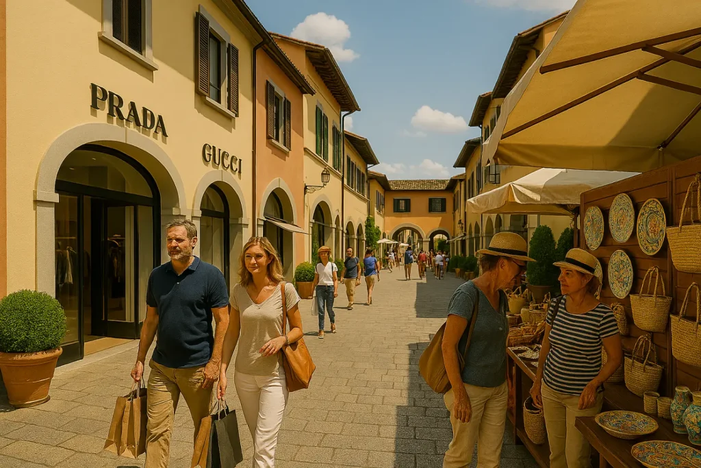 Persone passeggiano tra boutique di marchi di lusso come Prada e Gucci e bancarelle artigianali con ceramiche dipinte a mano e prodotti locali in un elegante villaggio outlet.
