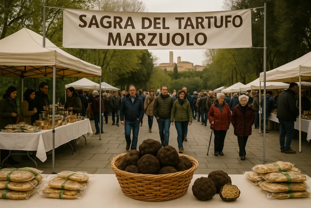 Realistic photograph of the Marzuolo Truffle Festival with stalls, visitors and fresh black truffles on display.