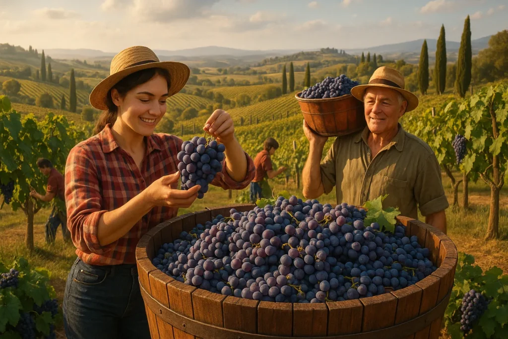 Donna con camicia a quadri osserva un grappolo d’uva vicino a un tino colmo di uva, mentre un uomo sorride con una cesta in un vigneto collinare al tramonto.
