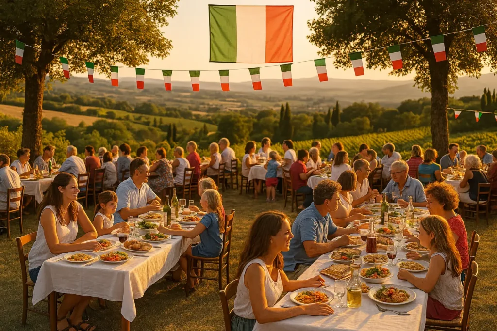 Persone che festeggiano Ferragosto sulla spiaggia, sedute a lunghe tavolate coperte da tovaglie a quadretti, circondate da ombrelloni colorati e la bandiera italiana.