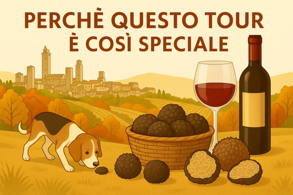 Paesaggio autunnale toscano con San Gimignano sullo sfondo, un cane da tartufo, un cesto di tartufi neri e un bicchiere di vino rosso.