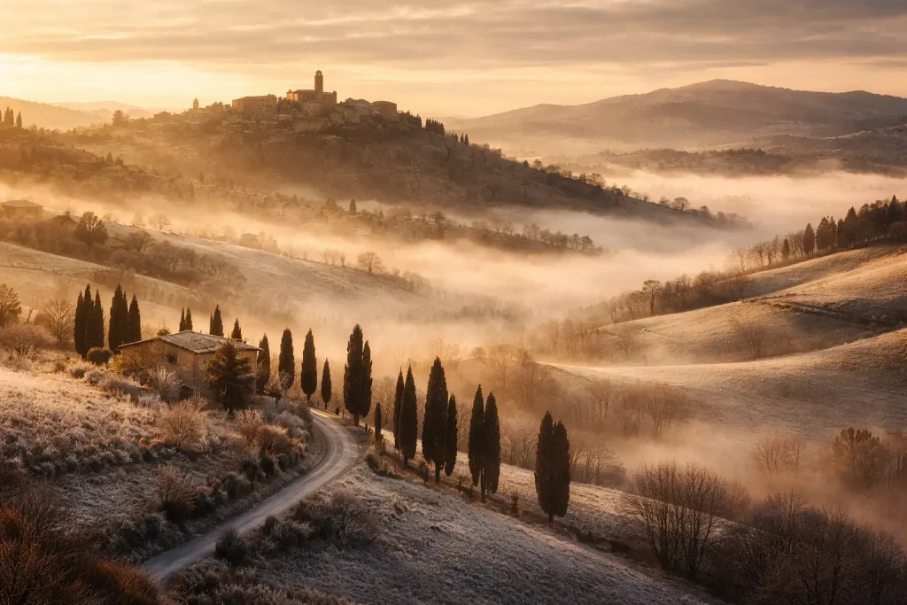 Paesaggio invernale della Val d’Orcia in Toscana con colline avvolte dalla nebbia, strada panoramica tra cipressi e borgo medievale al tramonto.