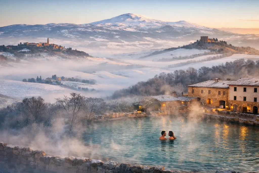 Winter panorama of Val D'Orcia with stone farmhouse, cypress trees, snow-covered hills and steaming natural hot springs, ideal setting for an exclusive private Val D'Orcia Tour.