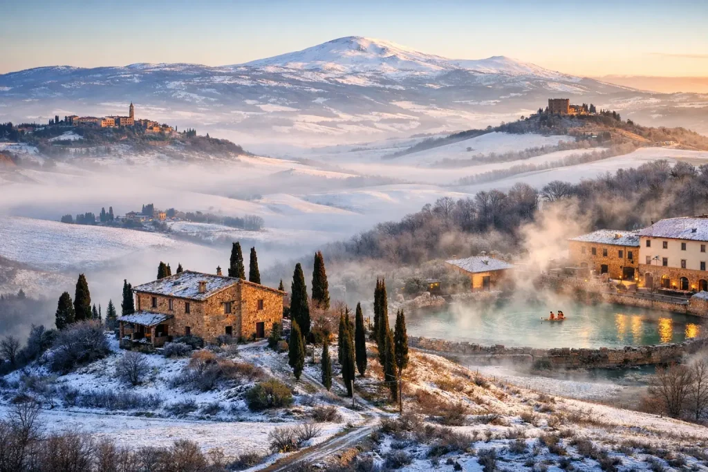 Panorama invernale della Val D’Orcia con casale in pietra, cipressi, colline innevate e terme naturali fumanti, scenario ideale per un Val D’Orcia Tour privato esclusivo.