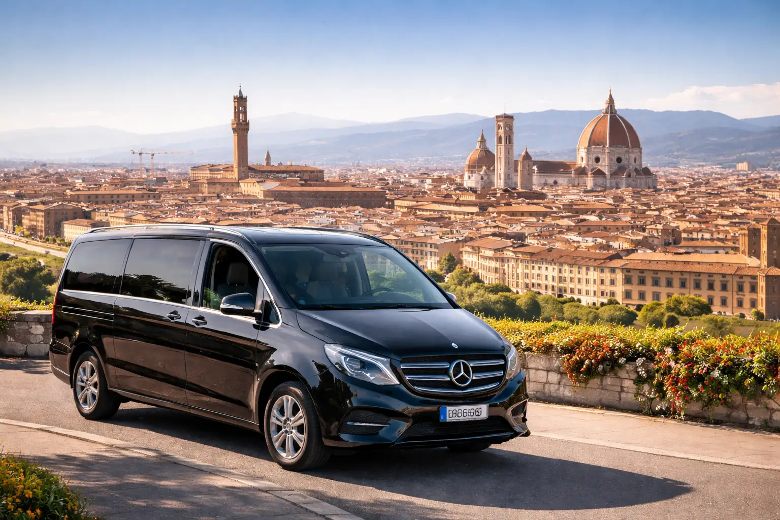 Van NCC a Firenze parcheggiato al Piazzale Michelangelo con vista sul Duomo e sul centro storico, soluzione ideale per esplorare la Toscana in comfort.