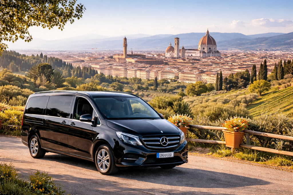 NCC vehicle in Florence with views of the Tuscan hills and the dome of the Duomo, private service for exclusive sightseeing in and around Florence.