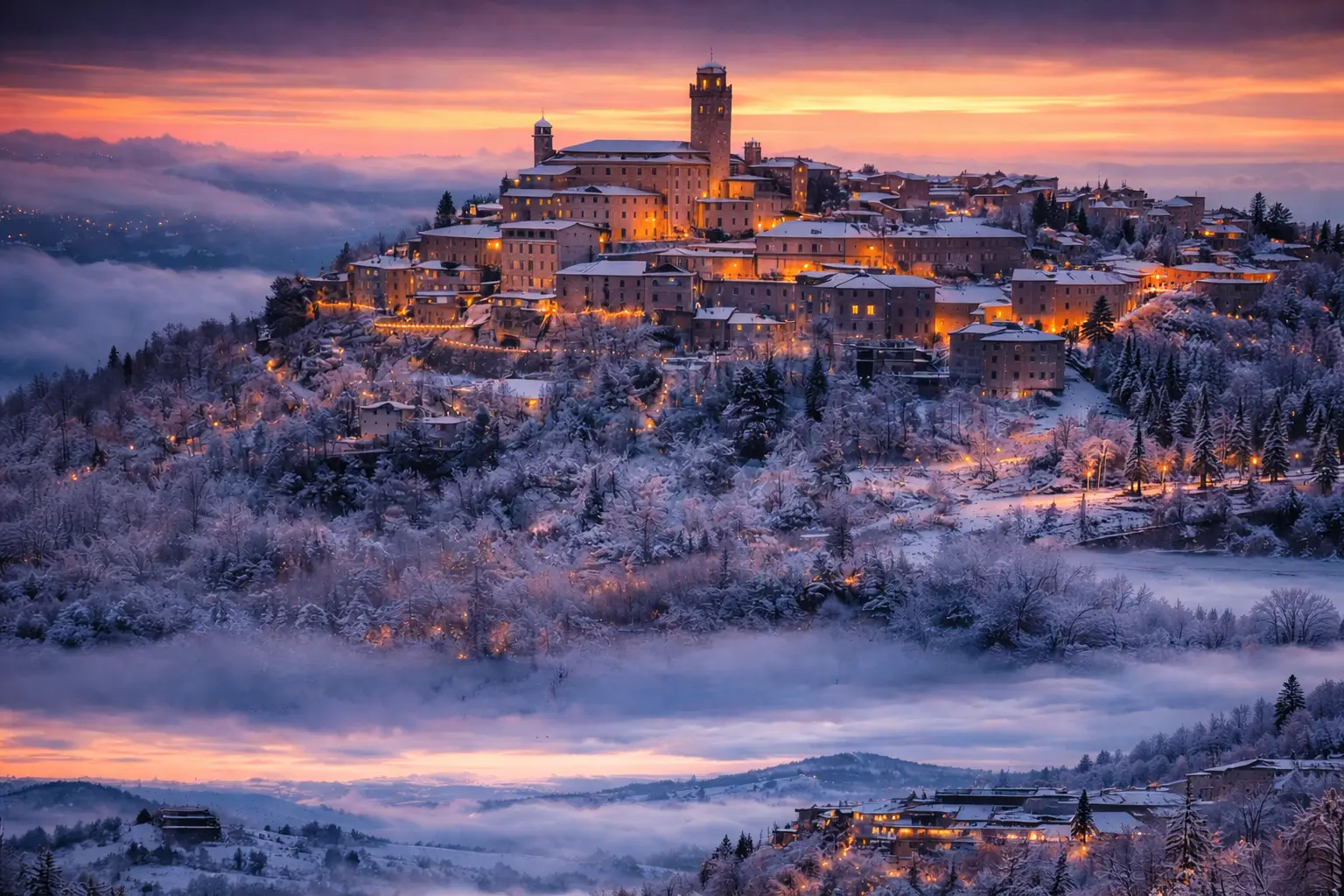 Borgo medievale toscano illuminato al tramonto in inverno, con luci natalizie, colline innevate e atmosfera calda e suggestiva tipica del Natale in Toscana.