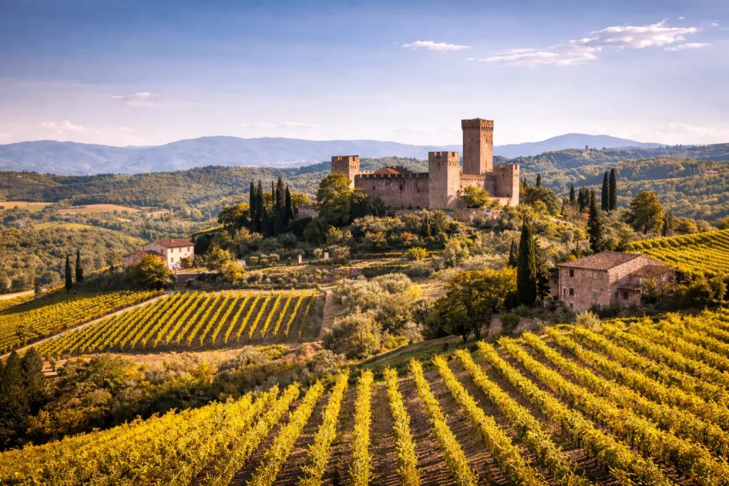 Panorama del Chianti con castello medievale circondato da vigneti e colline toscane al tramonto, scenario tipico di un Chianti Tour tra borghi e cantine storiche.