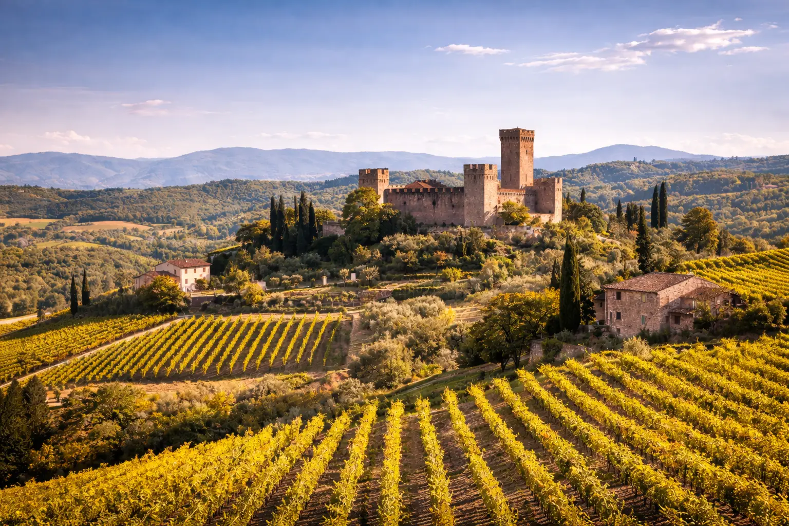 Panorama del Chianti con castello medievale circondato da vigneti e colline toscane al tramonto, scenario tipico di un Chianti Tour tra borghi e cantine storiche.