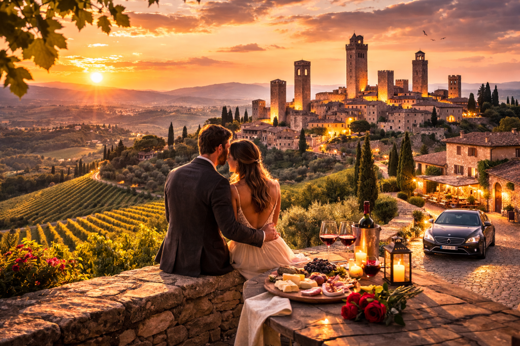 Coppia su terrazza panoramica con vista sulle torri medievali di San Gimignano al tramonto, esperienza esclusiva durante un tour romantico a San Gimignano con driver privato.