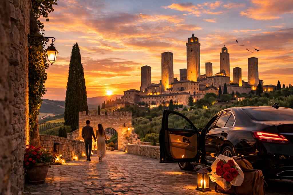 Couple strolling hand in hand through the illuminated towers of San Gimignano at sunset with private car parked, premium experience with dedicated driver.