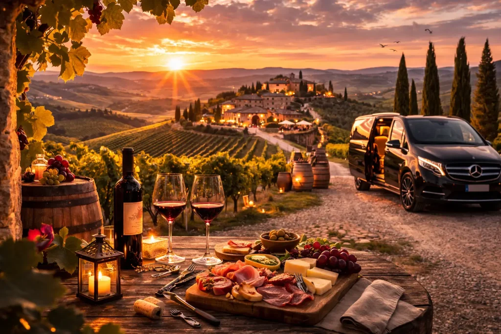 Degustazione di vino Chianti con calici e prodotti tipici su tavolo in pietra davanti a una cantina storica, con van privato parcheggiato tra i vigneti al tramonto durante un Chianti Wine Tour privato da Firenze.