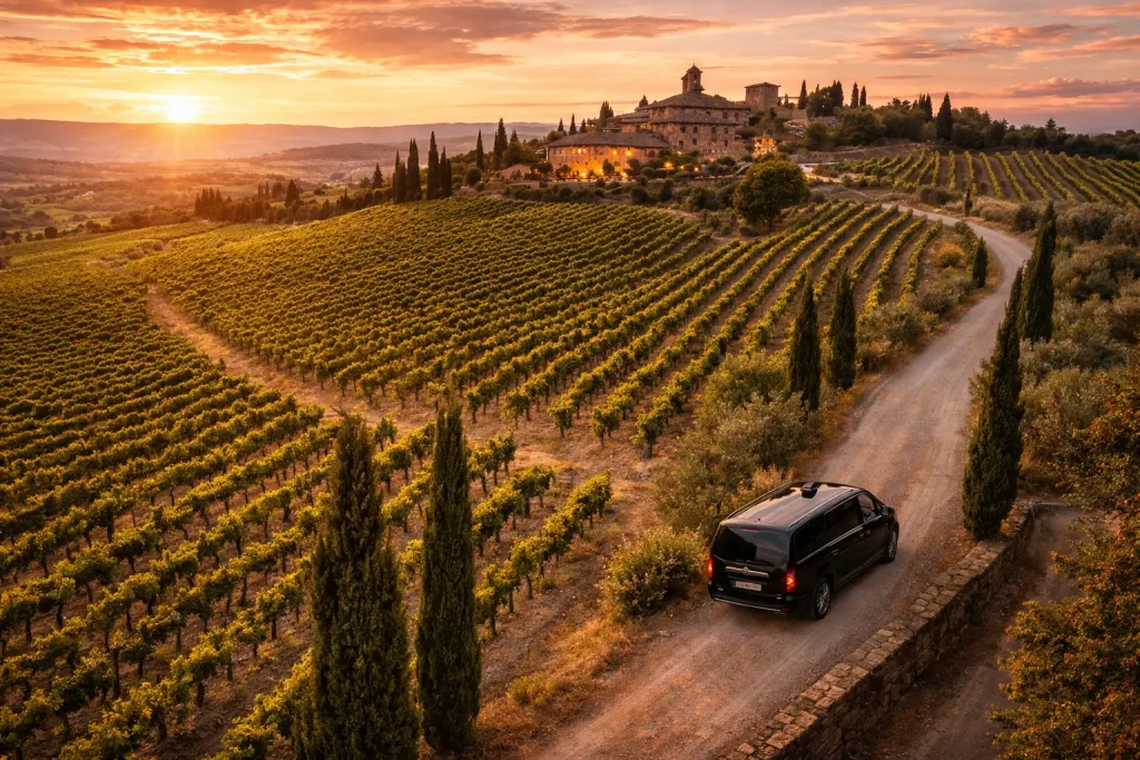 Aerial view of Chianti hills at sunset with neat vineyards and private van on scenic road, premium private Chianti Wine Tour experience from Florence.