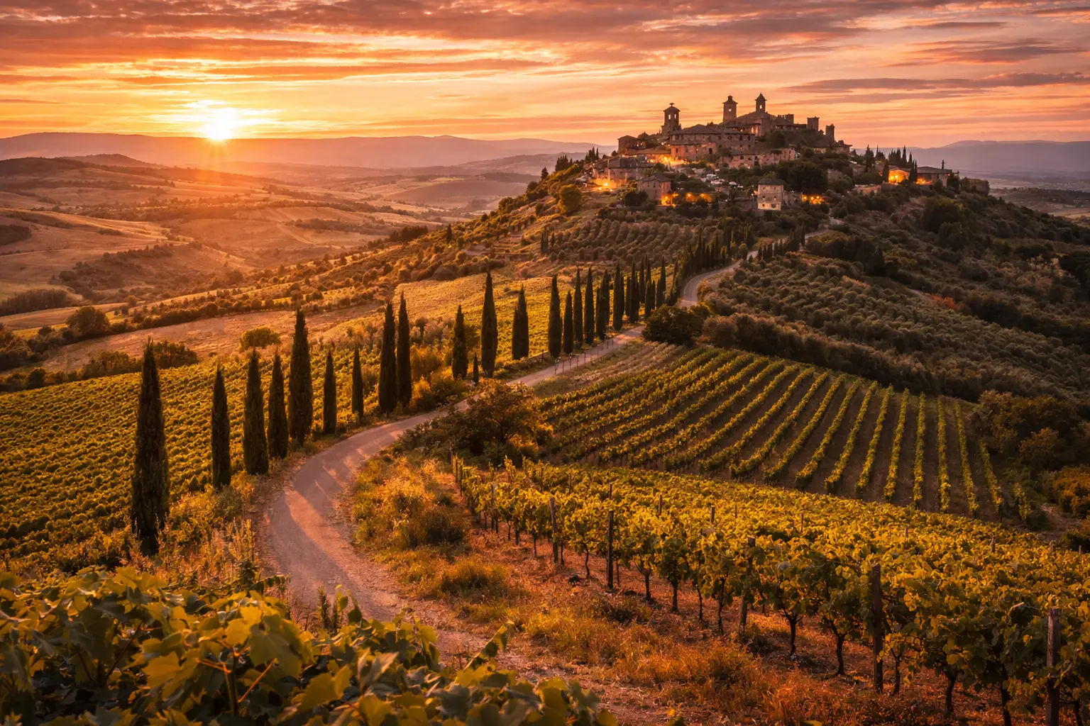 Panorama delle colline toscane al tramonto con vigneti, strada tra cipressi e borgo medievale sulla collina, una delle destinazioni romantiche in Toscana più suggestive.