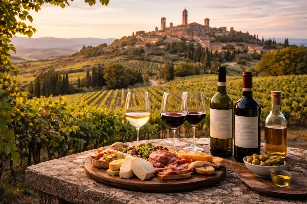 Vernaccia and Chianti cheese and charcuterie tasting on a stone table among the vineyards, with the medieval towers of San Gimignano in the background during a San Gimignano Wine Tasting in Chianti.