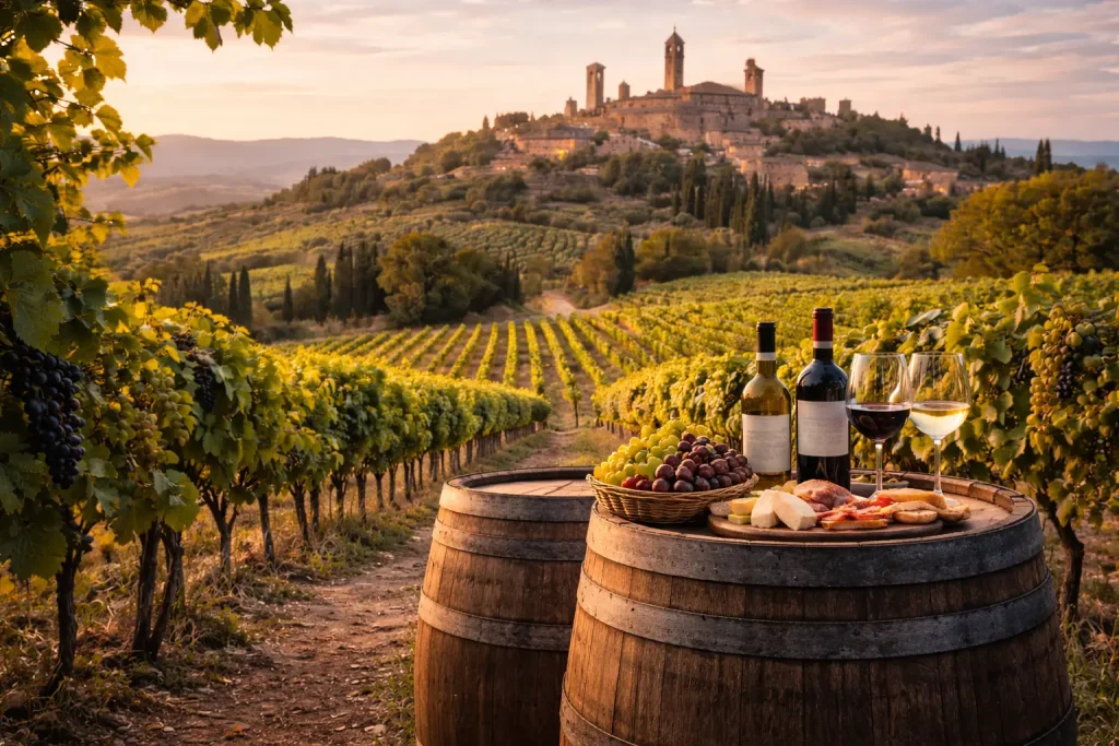 Botti in legno con vino, formaggi e uva tra i vigneti del Chianti con vista sulle torri medievali di San Gimignano al tramonto, esperienza di San Gimignano Wine Tasting in Chianti.