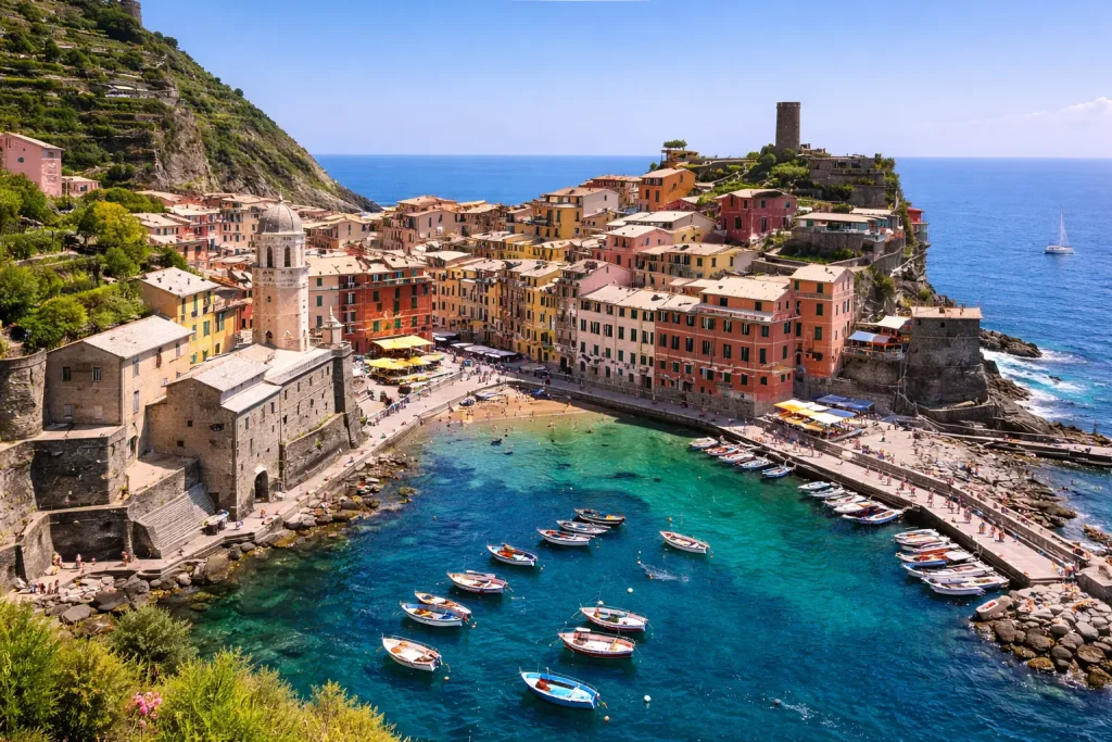 View of the harbor in Vernazza with boats and colorful houses in the Cinque Terre
