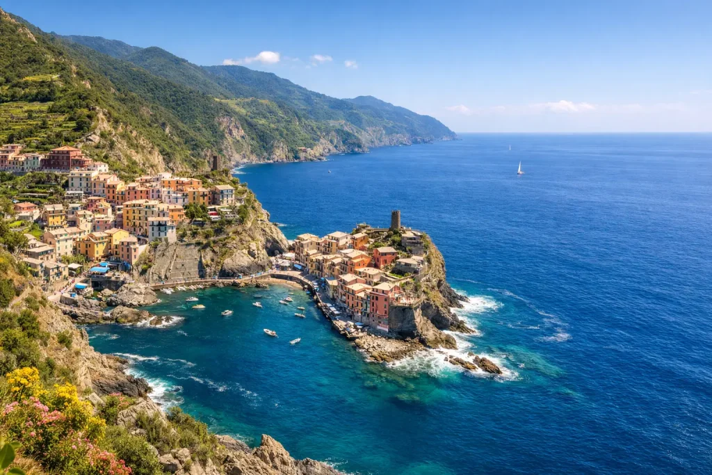 Panorama delle Cinque Terre con borghi colorati affacciati sul mare della Liguria