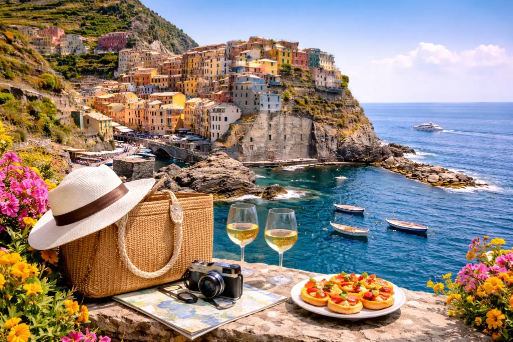 Panoramic view of Manarola in the Cinque Terre, with turquoise waters and colorful houses overlooking the sea