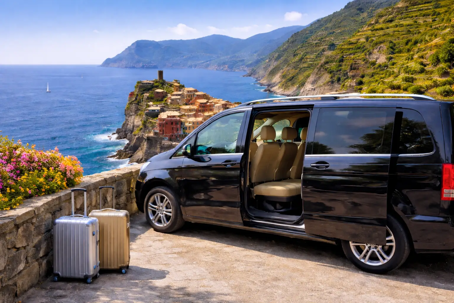 Van privato con vista panoramica sulle Cinque Terre durante un tour esclusivo sulla costa ligure