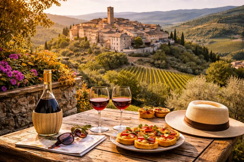 tavolo con vino rosso toscano e vista panoramica su un borgo medievale tra vigneti