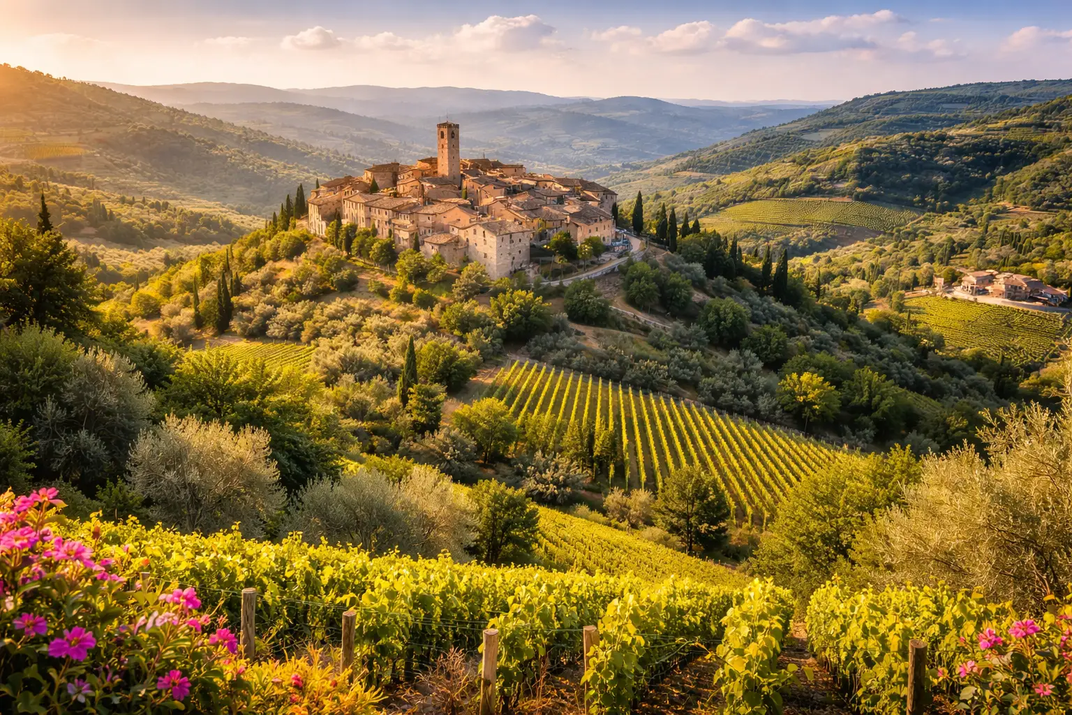 panorama di un borgo medievale tra colline, vigneti e cipressi della Toscana in estate