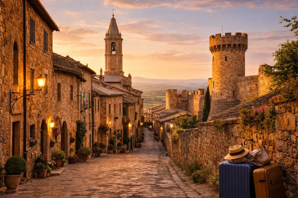 A medieval alley in a village in the Val d’Orcia, featuring a tower, ancient walls, and stone houses