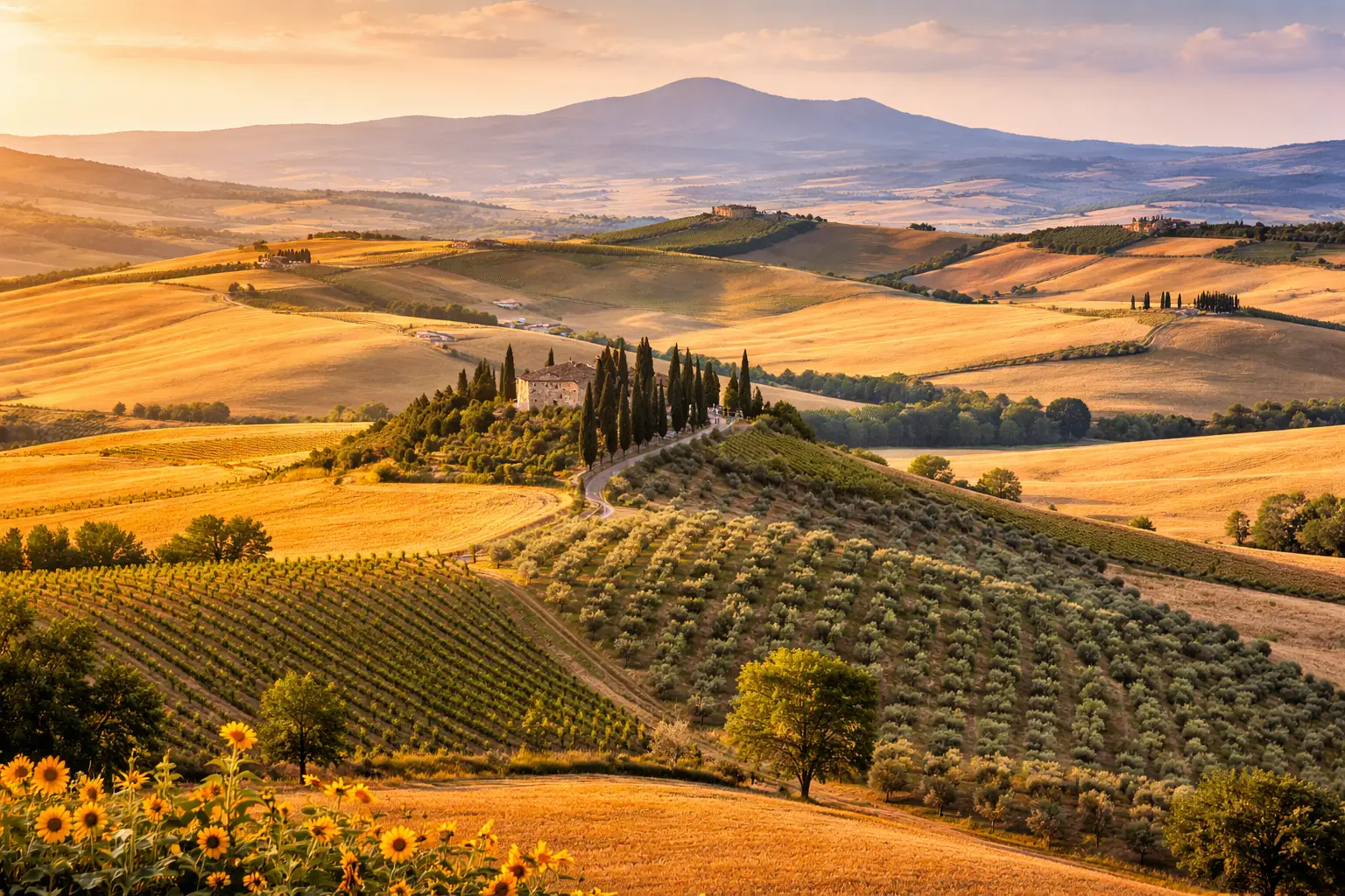 panorama della Val d’Orcia con colline dorate, vigneti e strada di cipressi in Toscana