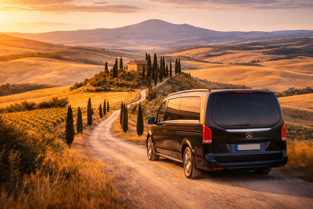 van luxury su strada panoramica nella Val d’Orcia durante un tour privato in Toscana