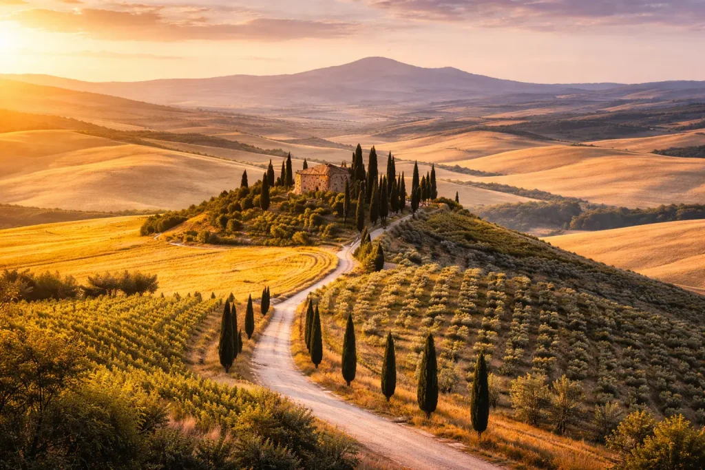 panorama della Val d’Orcia con strada di cipressi e colline dorate della Toscana al tramonto