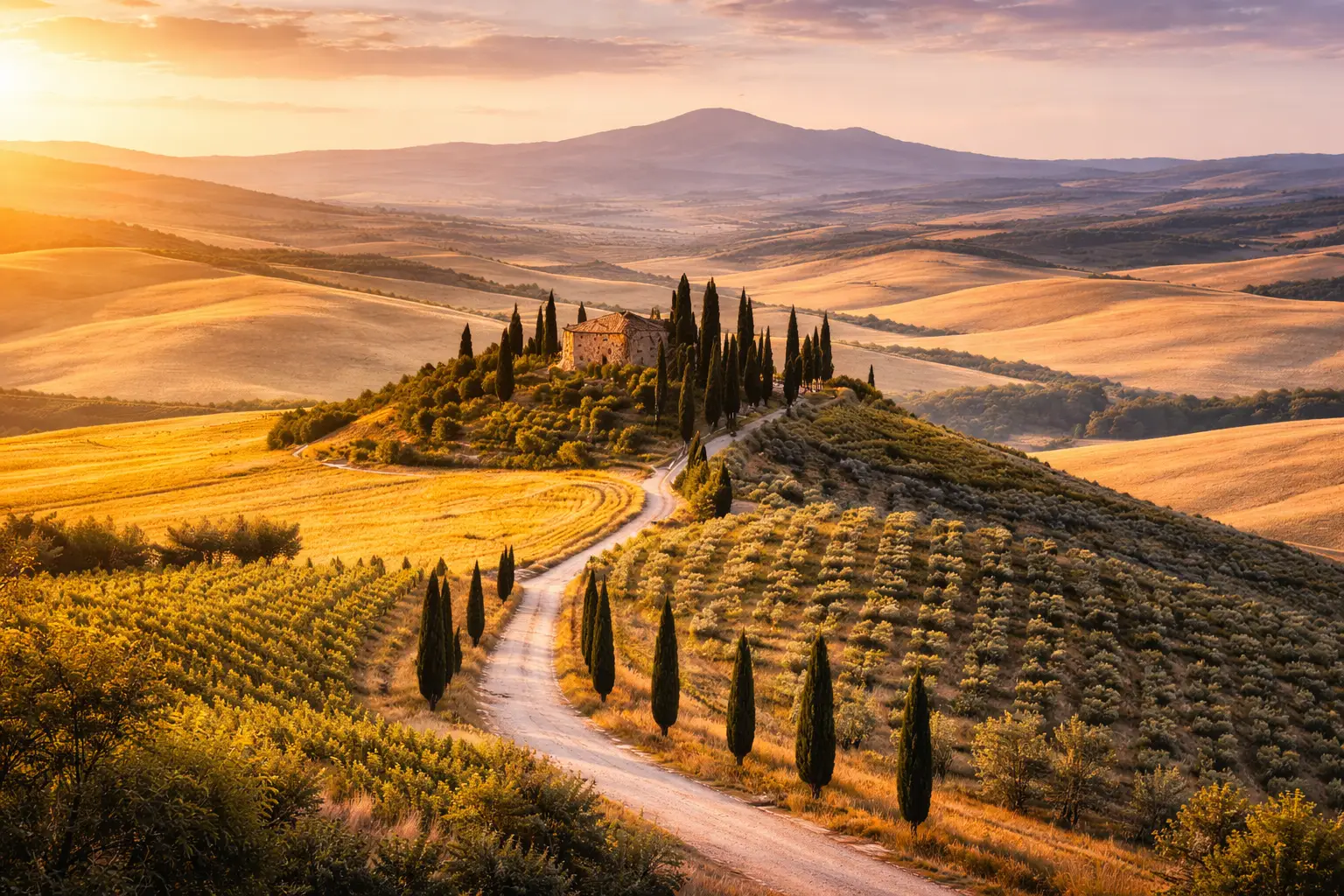 panorama della Val d’Orcia con strada di cipressi e colline dorate della Toscana al tramonto
