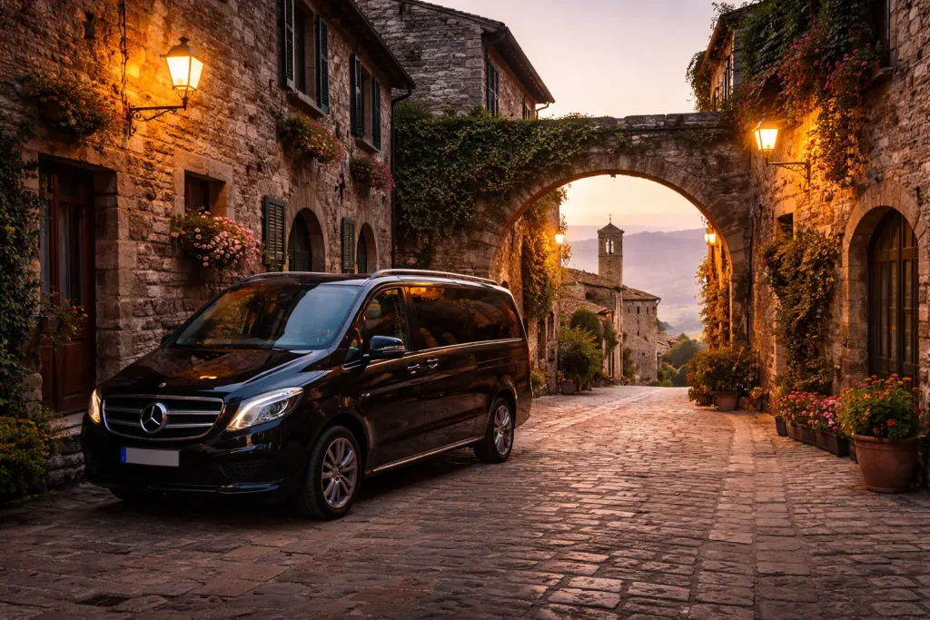van luxury in un borgo medievale della Toscana al mattino presto lontano dal turismo di massa