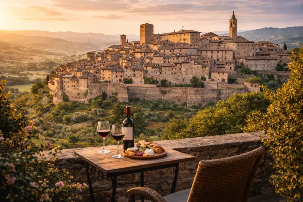 panorama del borgo medievale di Anghiari in provincia di Arezzo con case in pietra e colline toscane