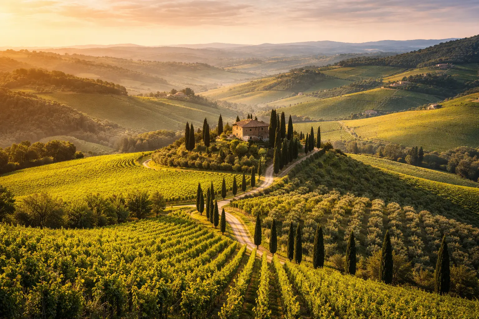 panorama delle colline del Chianti con vigneti, cipressi e strada panoramica nella campagna toscana
