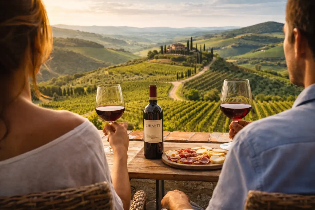 degustazione di vino Chianti su terrazza panoramica con vista sui vigneti della Toscana
