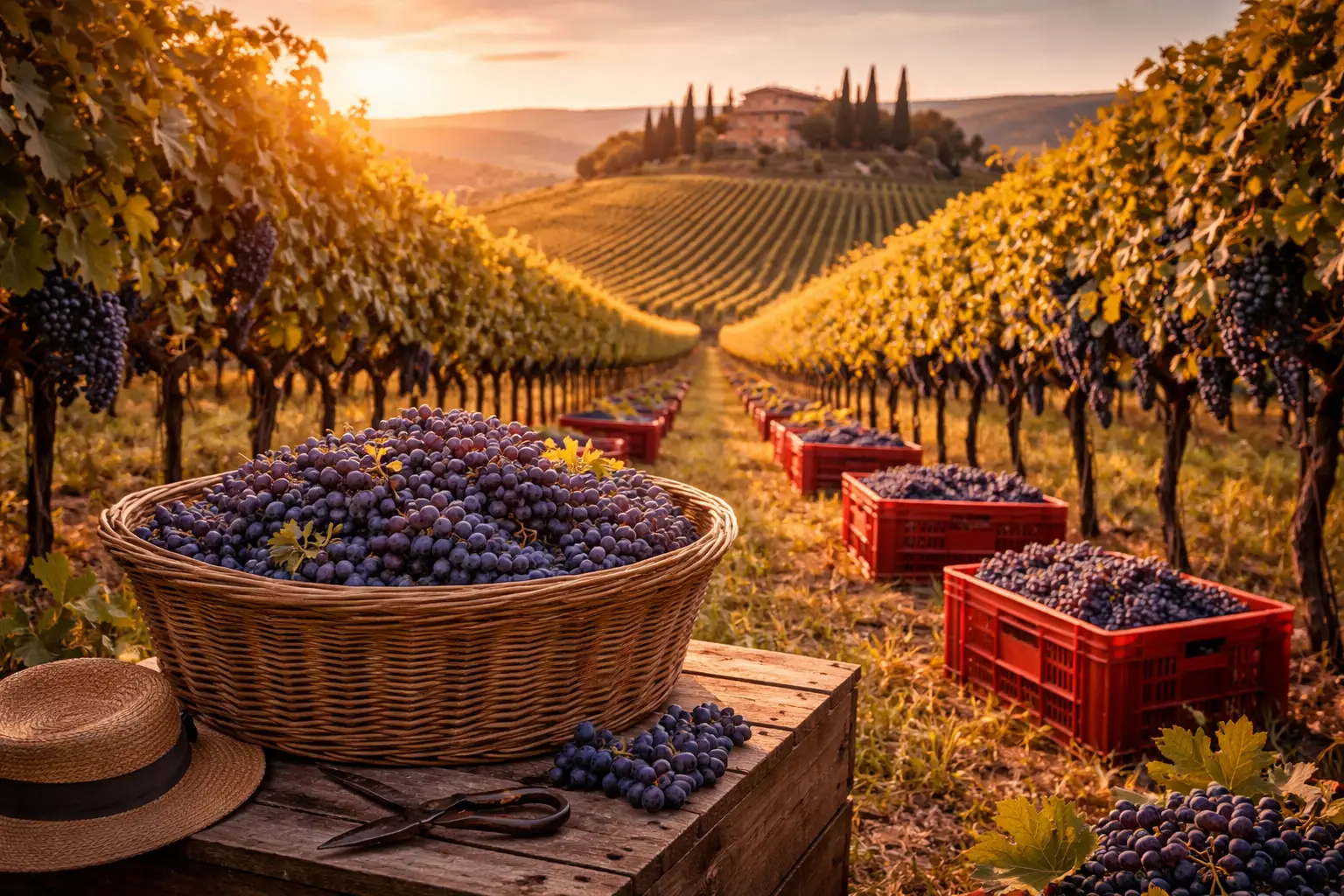 ceste di uva durante la vendemmia nei vigneti della Toscana con colline e vigneti al tramonto