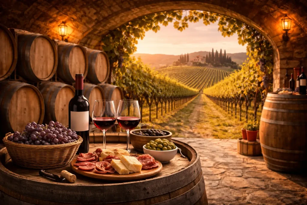 degustazione di vini Super Tuscan con bottiglie e calici di vino rosso in una cantina toscana