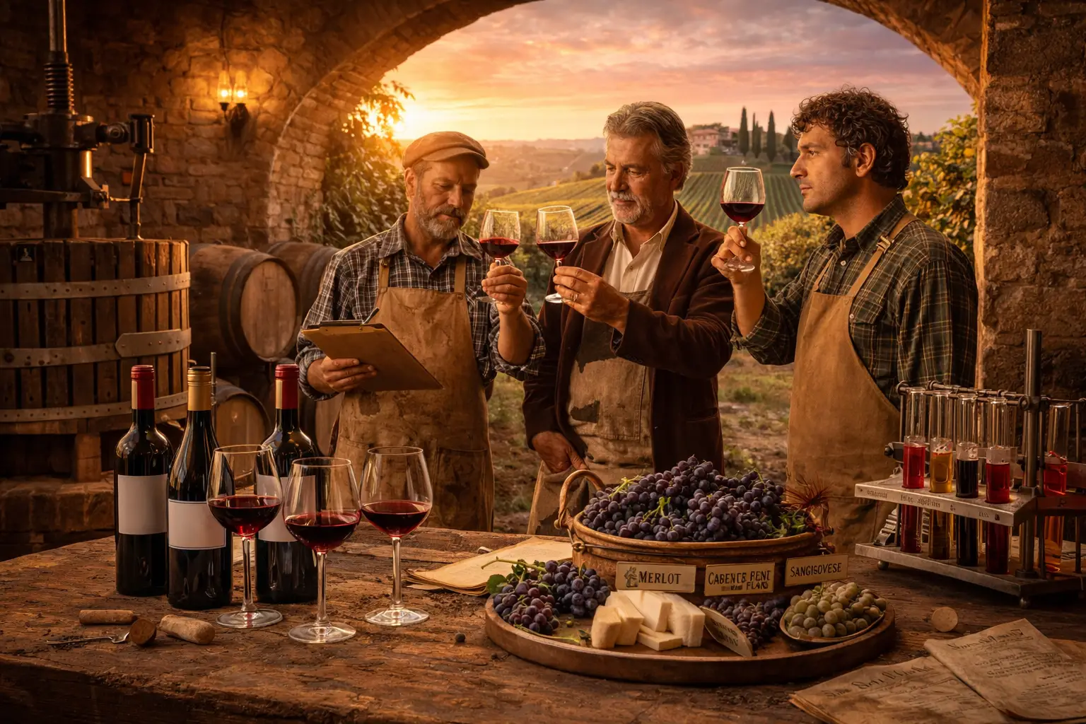 produttori di vino toscani negli anni 70 mentre degustano e sperimentano blend di Super Tuscan in cantina