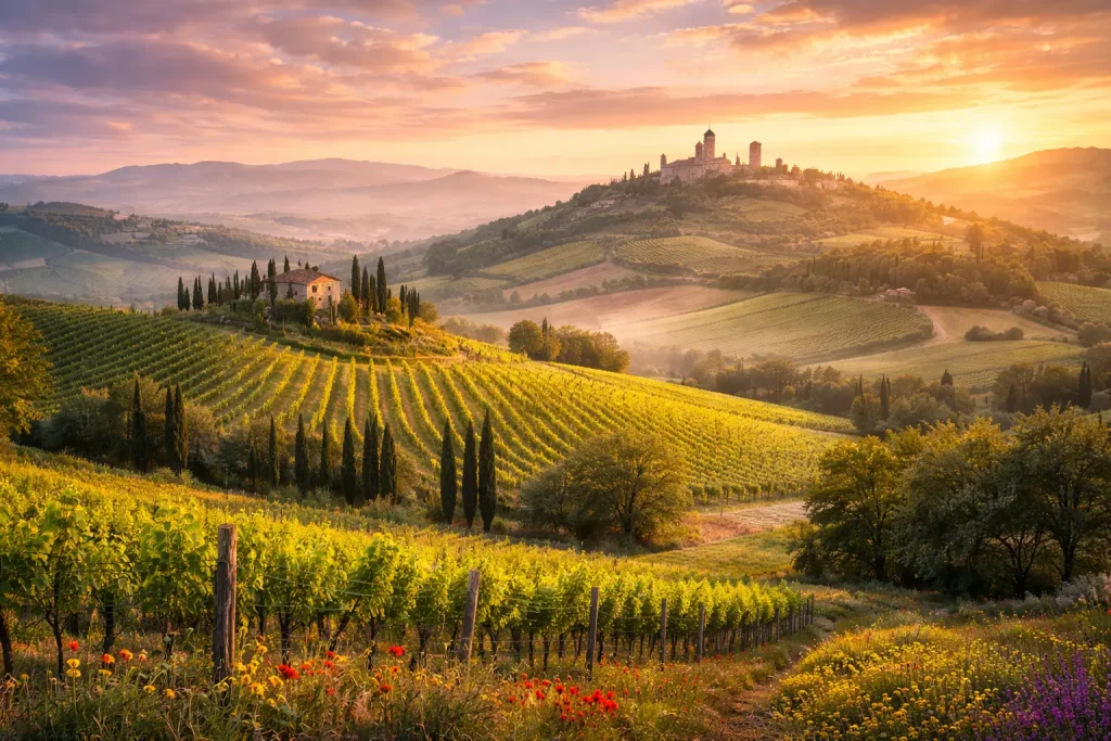 Filari di vigneti del Chianti a settembre con uva Sangiovese matura illuminata dalla luce dorata del tramonto e cantina in pietra sulle colline toscane.