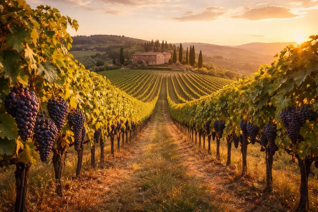 Colline toscane a settembre con vigneti dorati pronti per la vendemmia durante il tramonto, atmosfera autentica del Chianti in autunno.