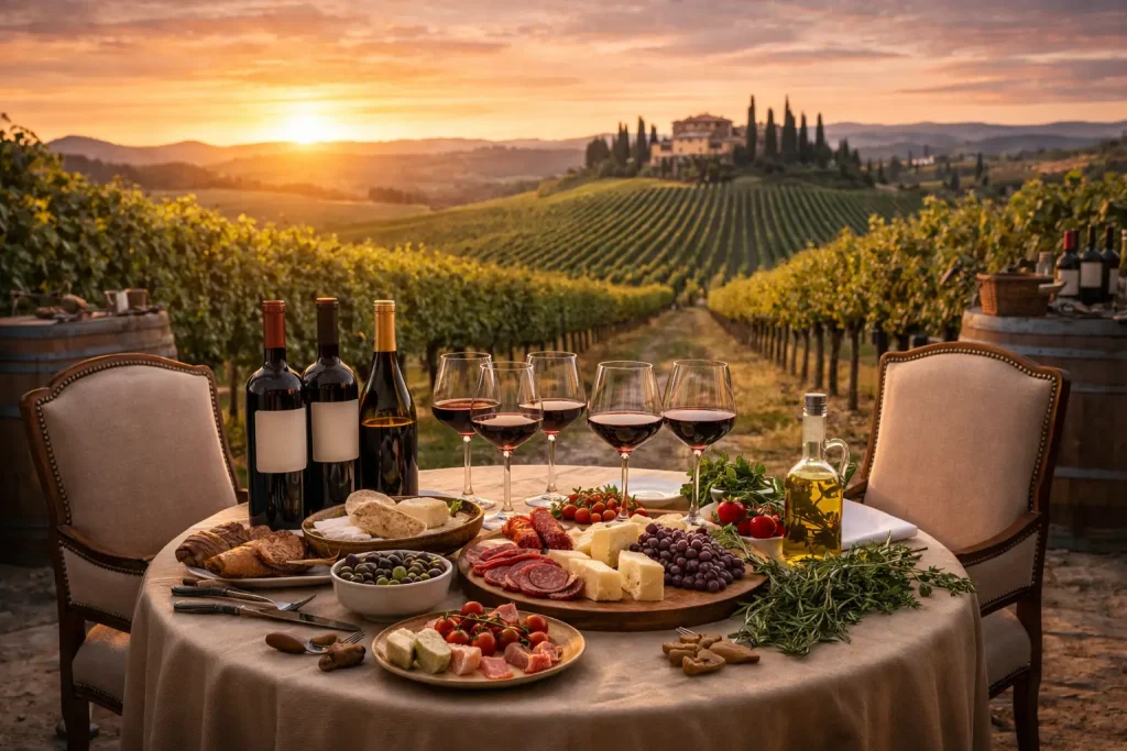 pranzo gourmet con vino, formaggi e salumi tra i vigneti della Toscana durante un tour enogastronomico privato