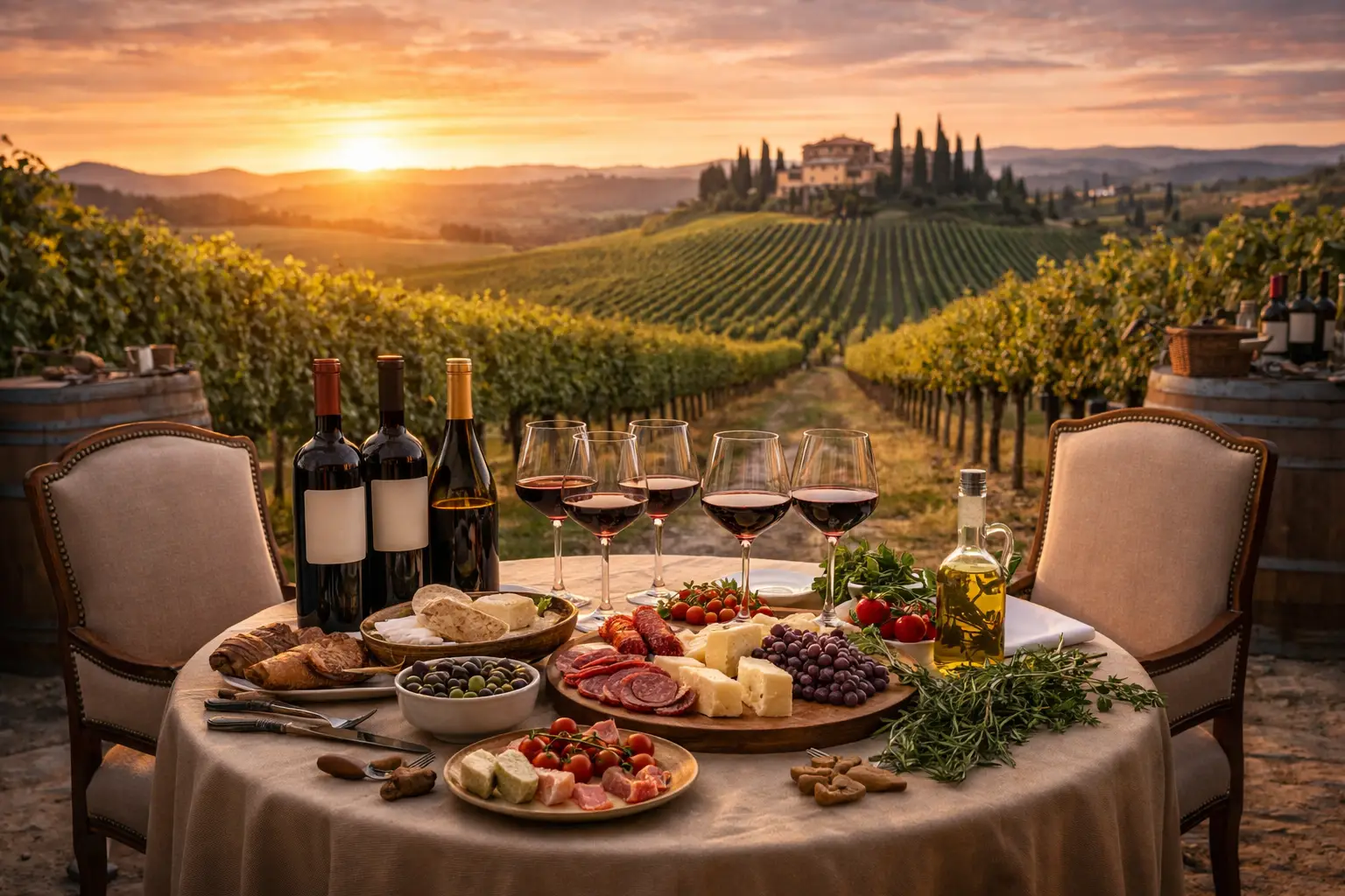 pranzo gourmet con vino, formaggi e salumi tra i vigneti della Toscana durante un tour enogastronomico privato