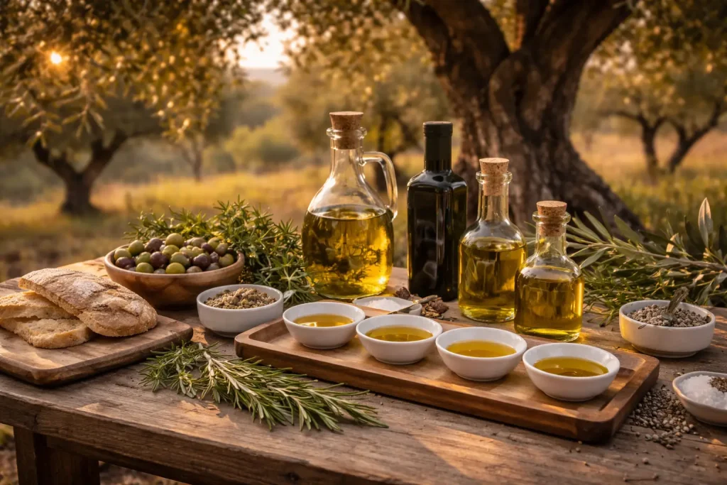 degustazione di olio extravergine di oliva con pane, olive e erbe aromatiche in un uliveto toscano