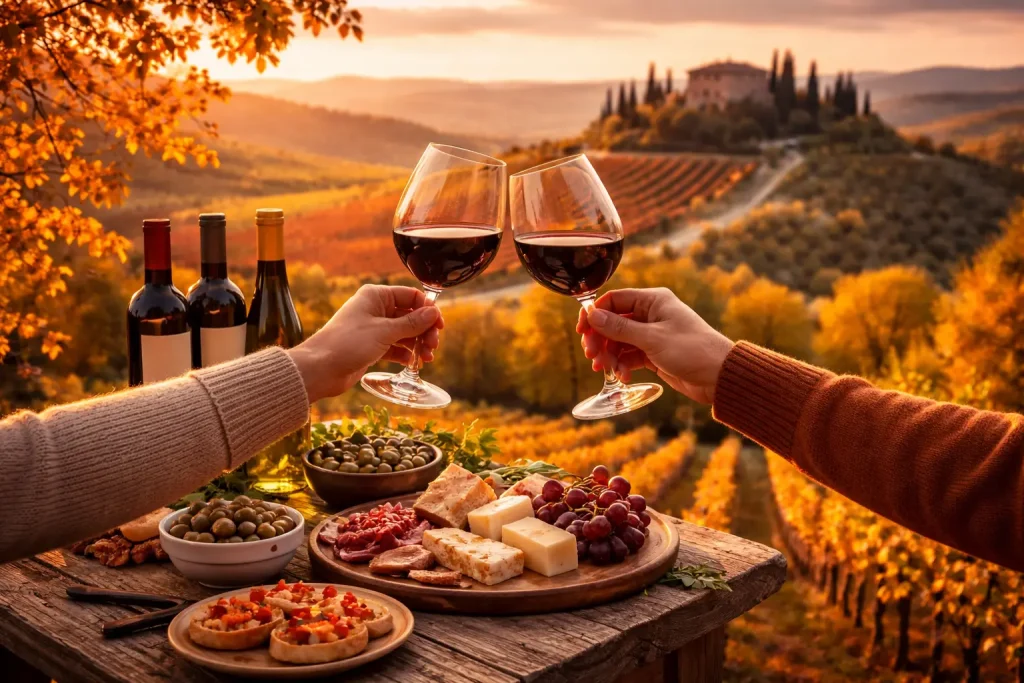 degustazione di vino rosso con prodotti tipici e vista sui vigneti autunnali della Toscana