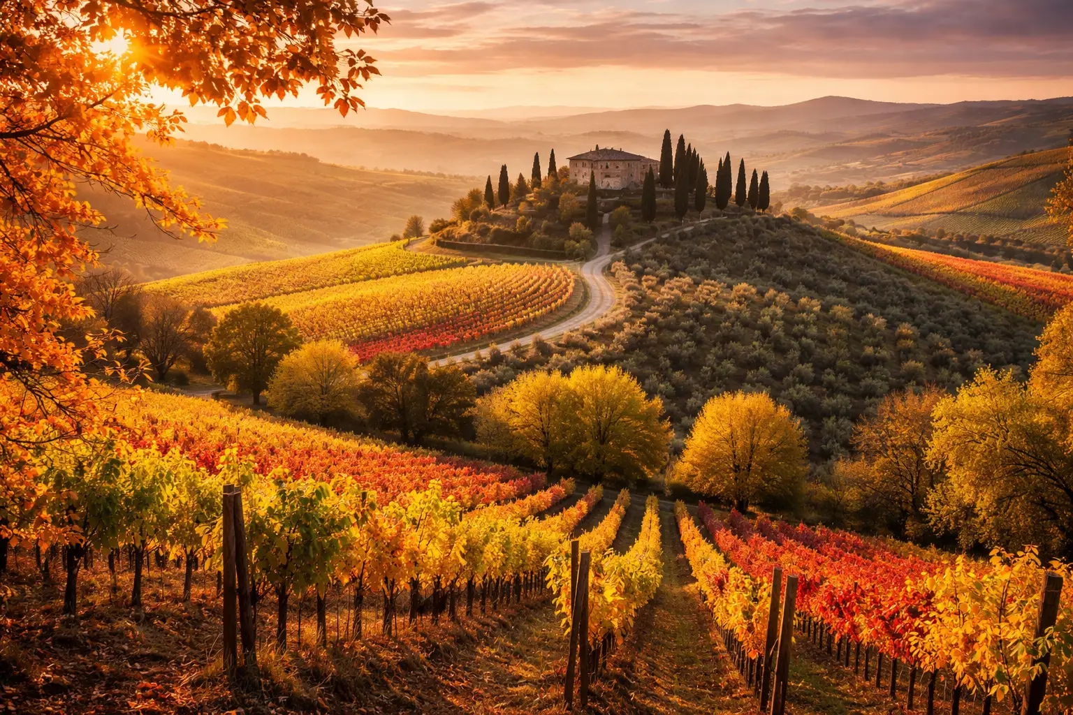 panorama autunnale della Toscana con vigneti rossi e dorati, strada di cipressi e colline al tramonto