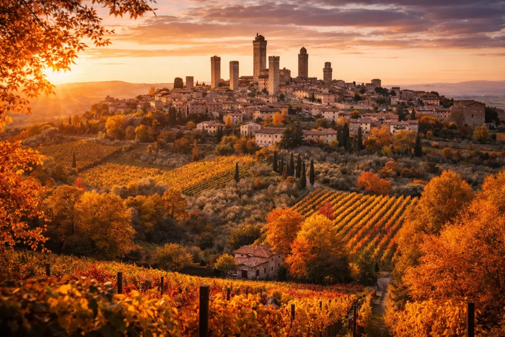 A view of San Gimignano in the fall, with medieval towers and colorful vineyards at sunset in Tuscany
