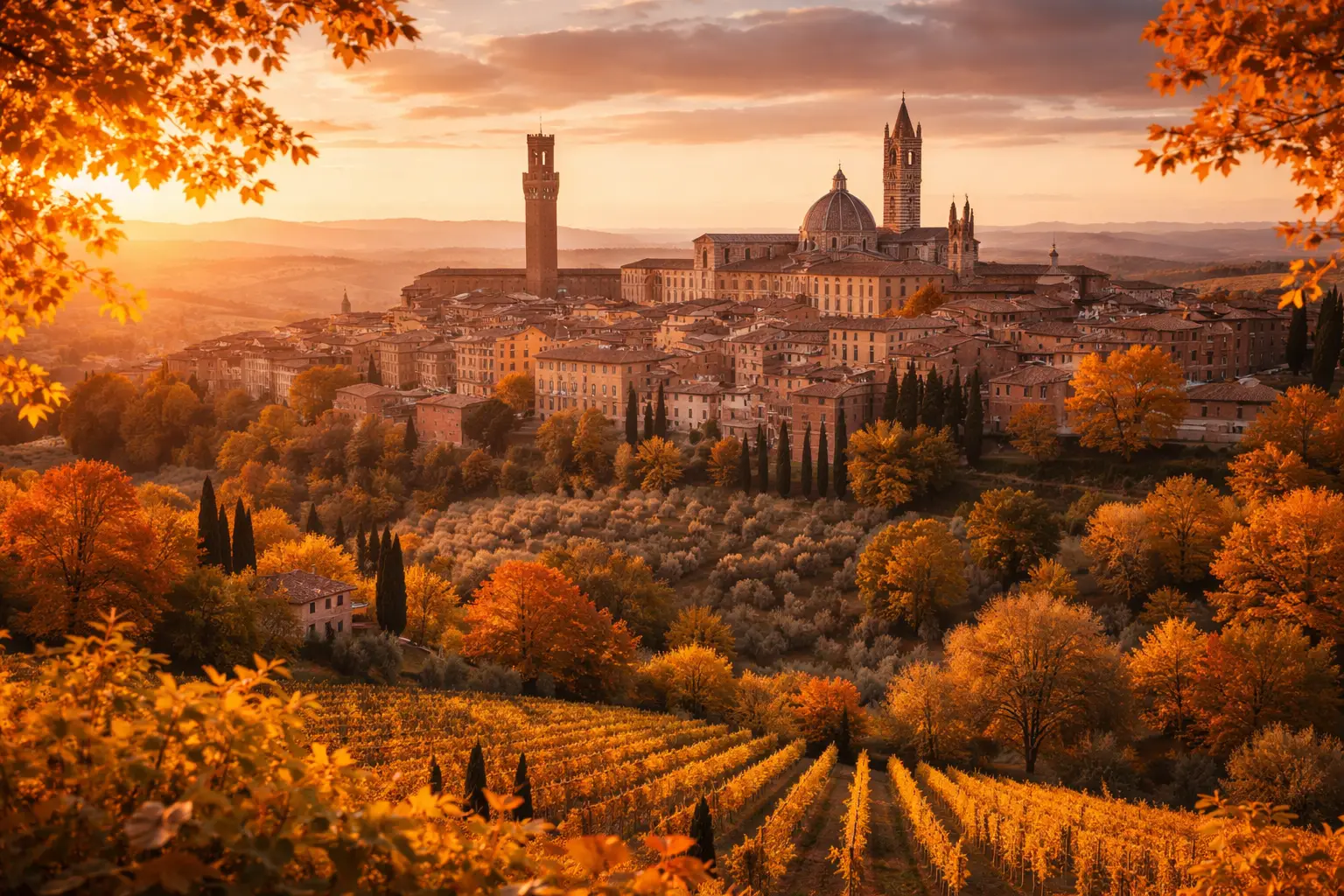 panorama di Siena in autunno con Torre del Mangia, Duomo e colline dorate al tramonto