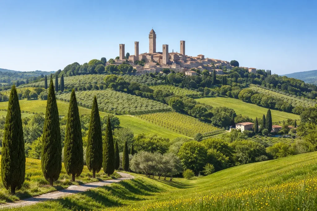 Torri medievali di San Gimignano su una collina toscana con cipressi in primo piano, colline verdi primaverili e cielo azzurro limpido