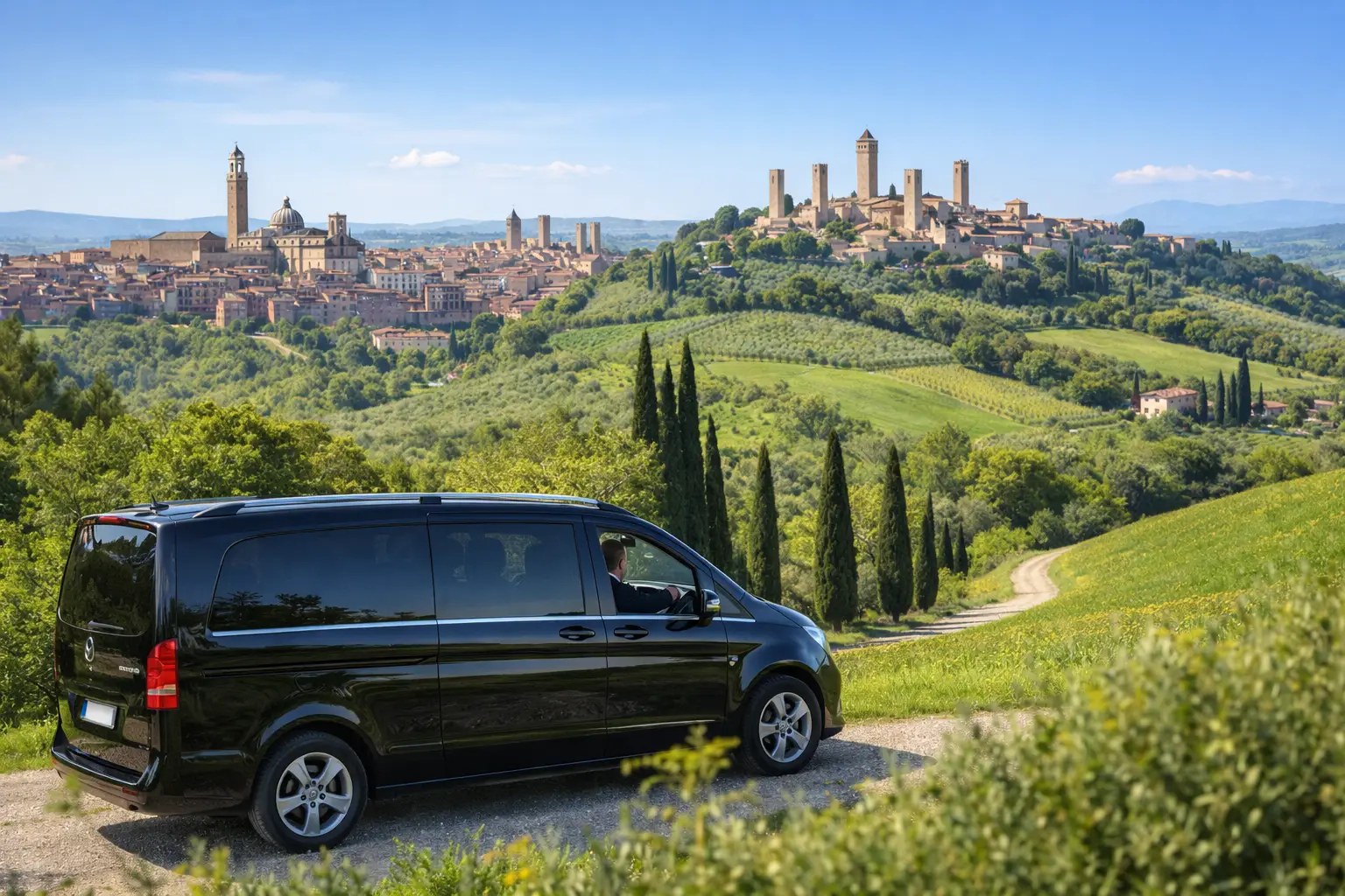 Van con autista privato durante un tour Siena e San Gimignano da Firenze tra le colline del Chianti con vista sui borghi medievali toscani